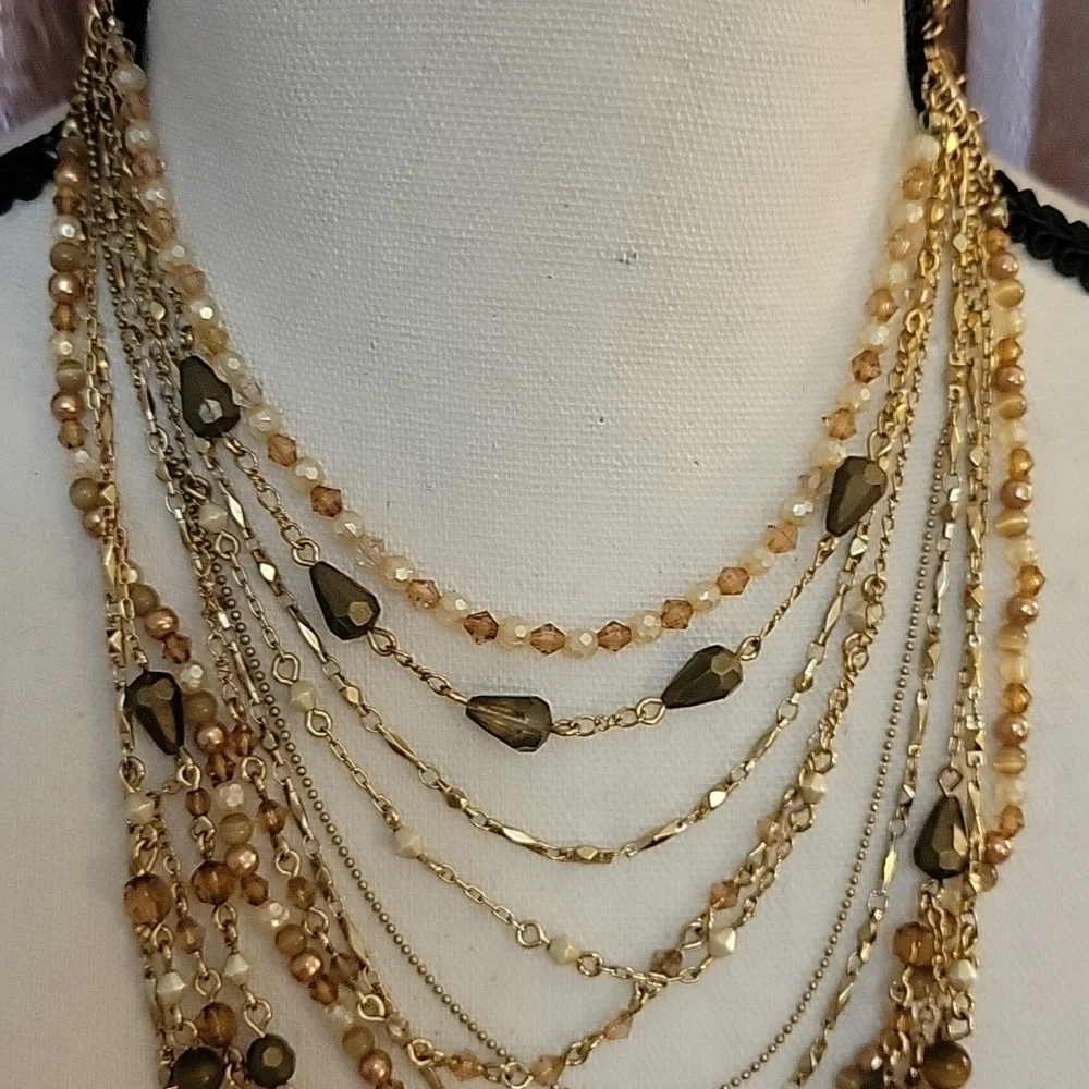 NANCY & RISE 1980s Ambertone Beaded Chain Layered Western Festival Necklace